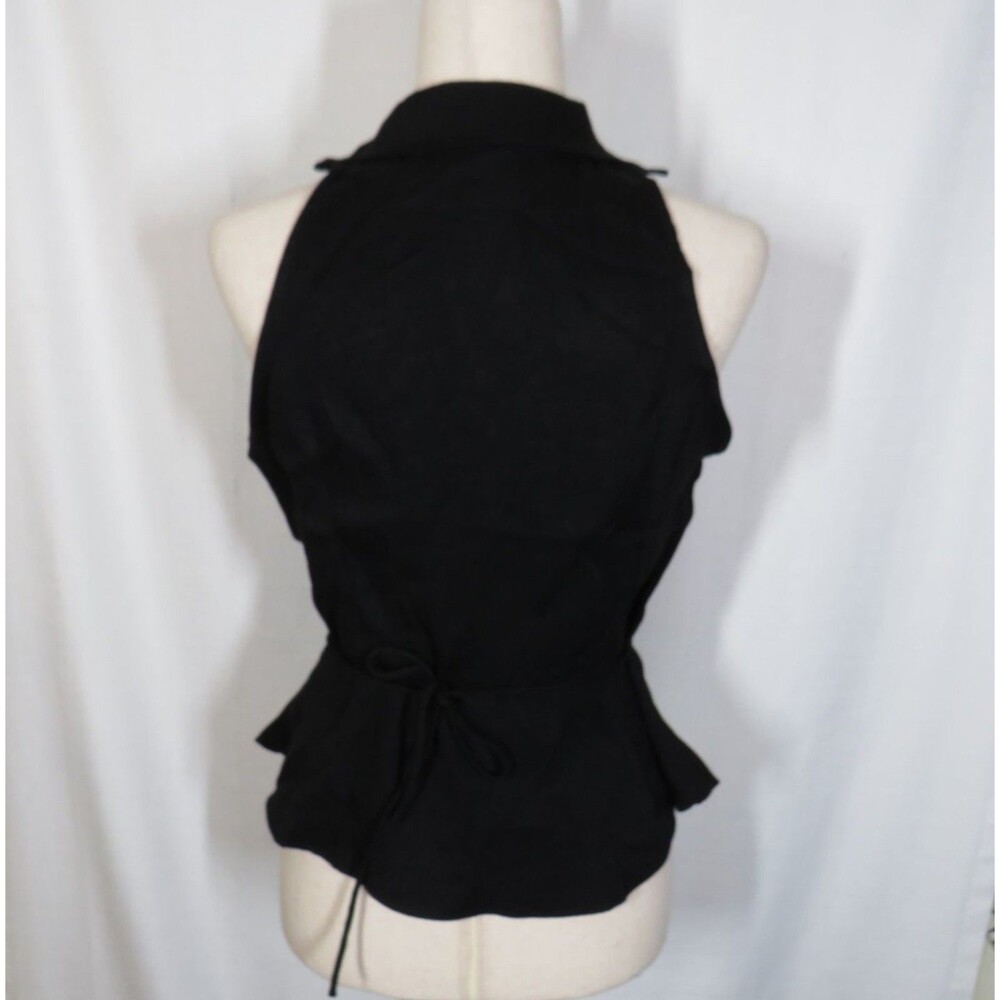OGL Black Linen Blend Collared V Neck Sleeveless Tie Waist Top Size Small - Picture 10 of 12